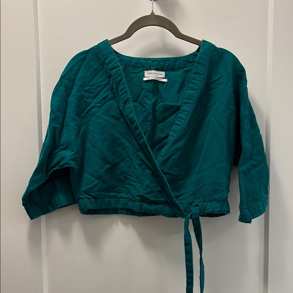 Urban Outfitters Teal Wrap Crop Blouse with 3/4 Sleeves